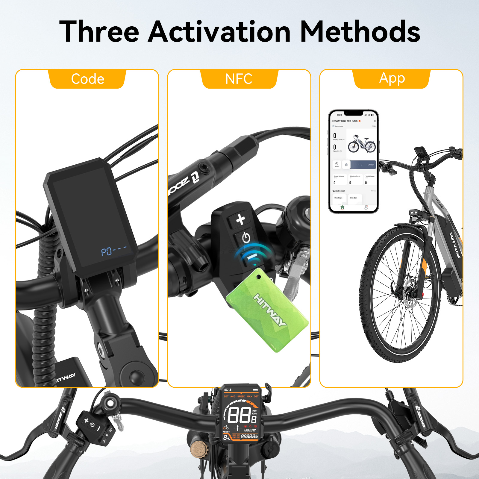 Three activation methods: Code display, NFC card, and app on an e-bike.