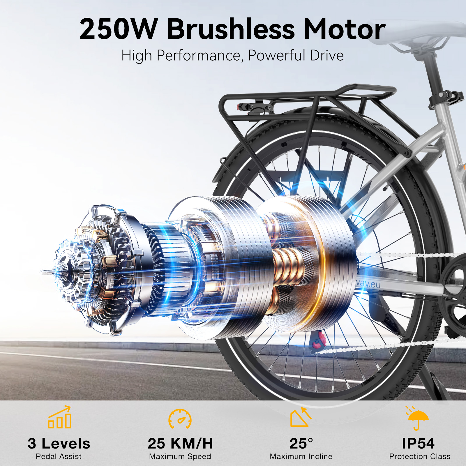 250W brushless motor, bicycle parts, road, and specs.