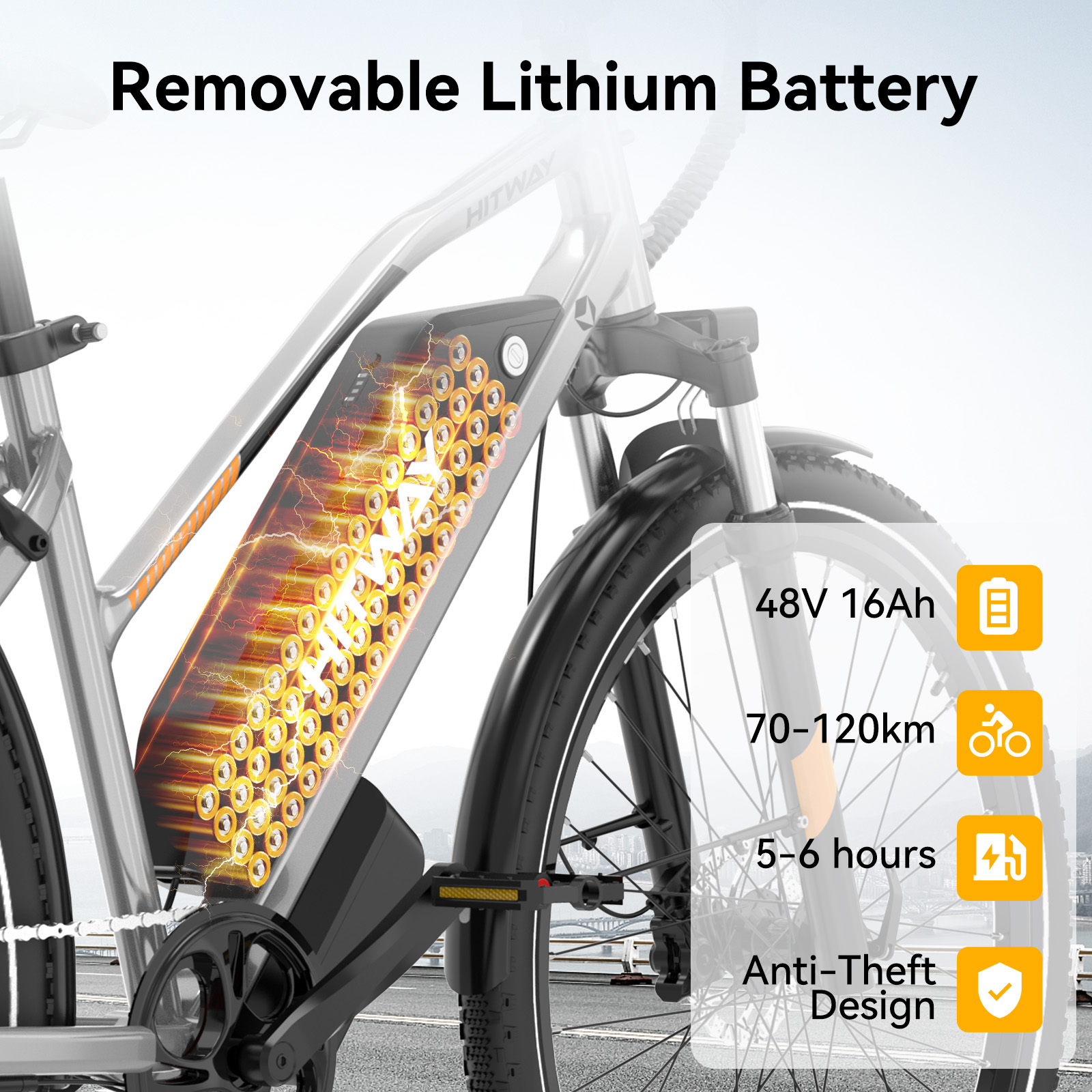 Close-up of an electric bike with a removable battery, showing 48V 16Ah.