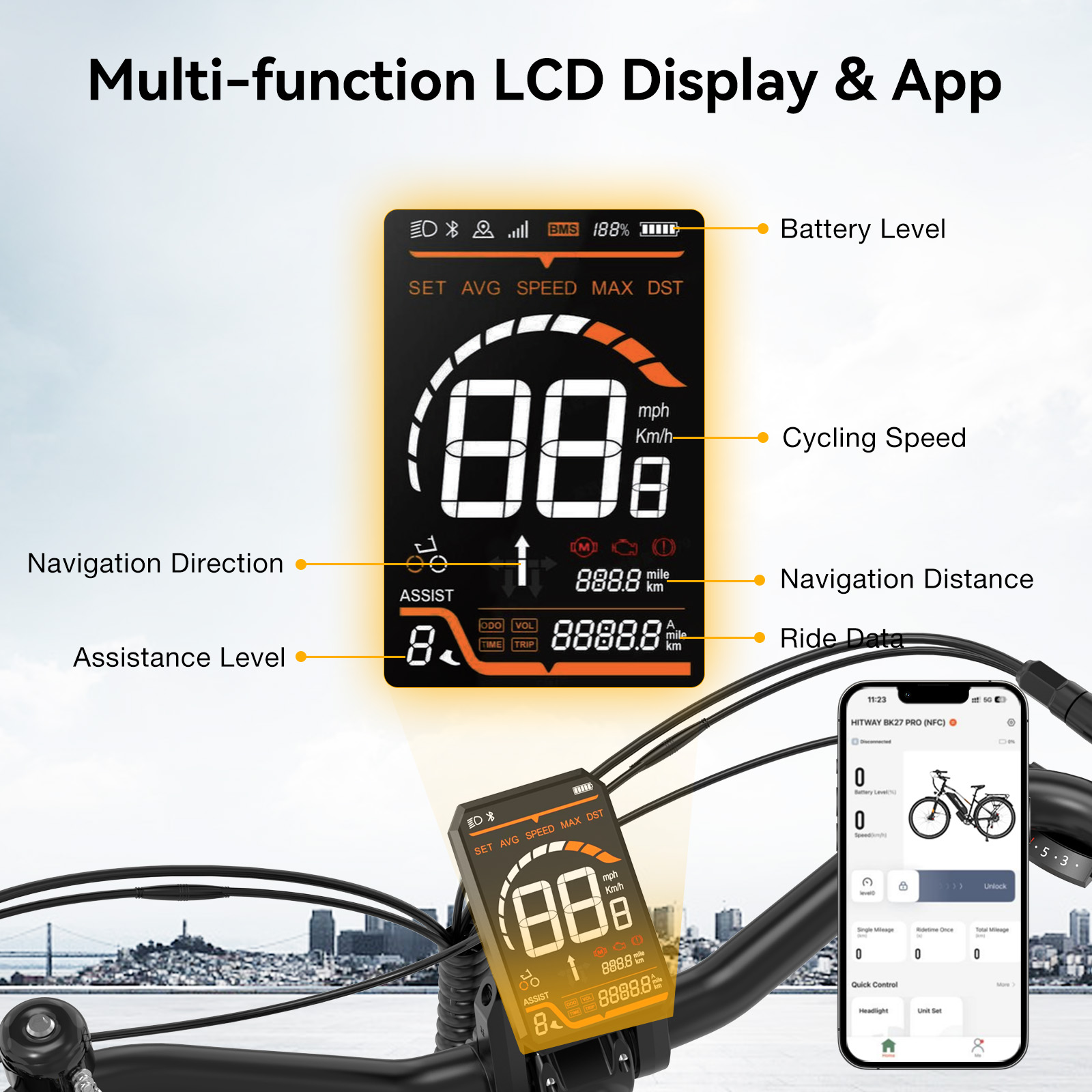 E-bike display shows speed, battery, distance, and app connection.