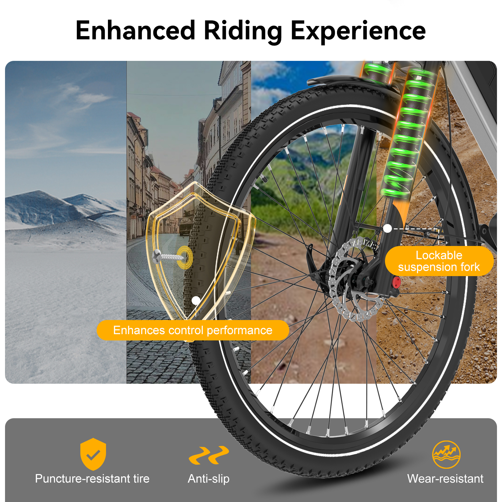 Bike with lockable suspension fork, tires, snowy mountains, and city.