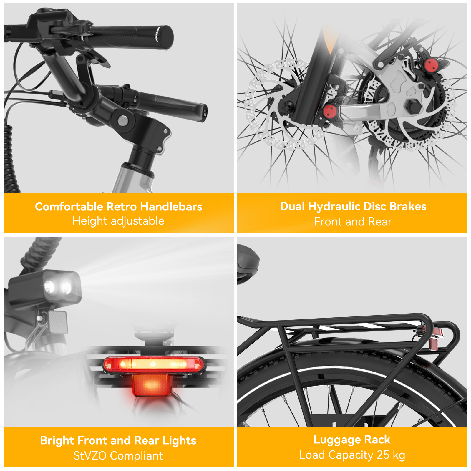 Four images show bicycle components: handlebars, brakes, lights, and luggage rack.