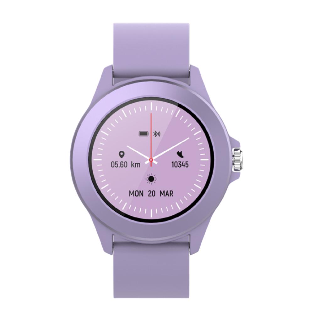 Fioletowy smartwatch z tarczą pokazuje 05.60 km, 10345 kroków, pon 20 mar.