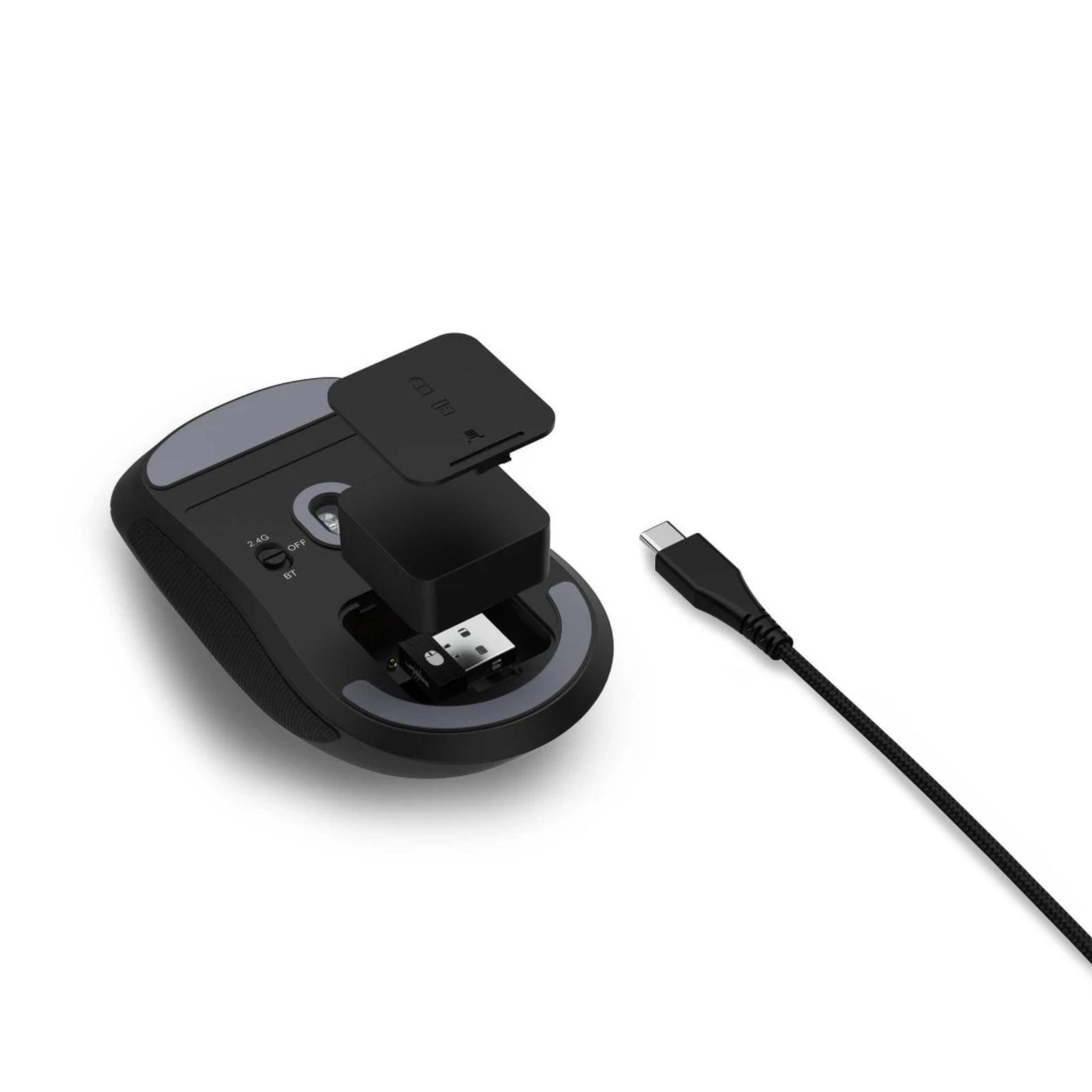 Mouse nero con vano aperto, dongle USB e cavo USB-C.