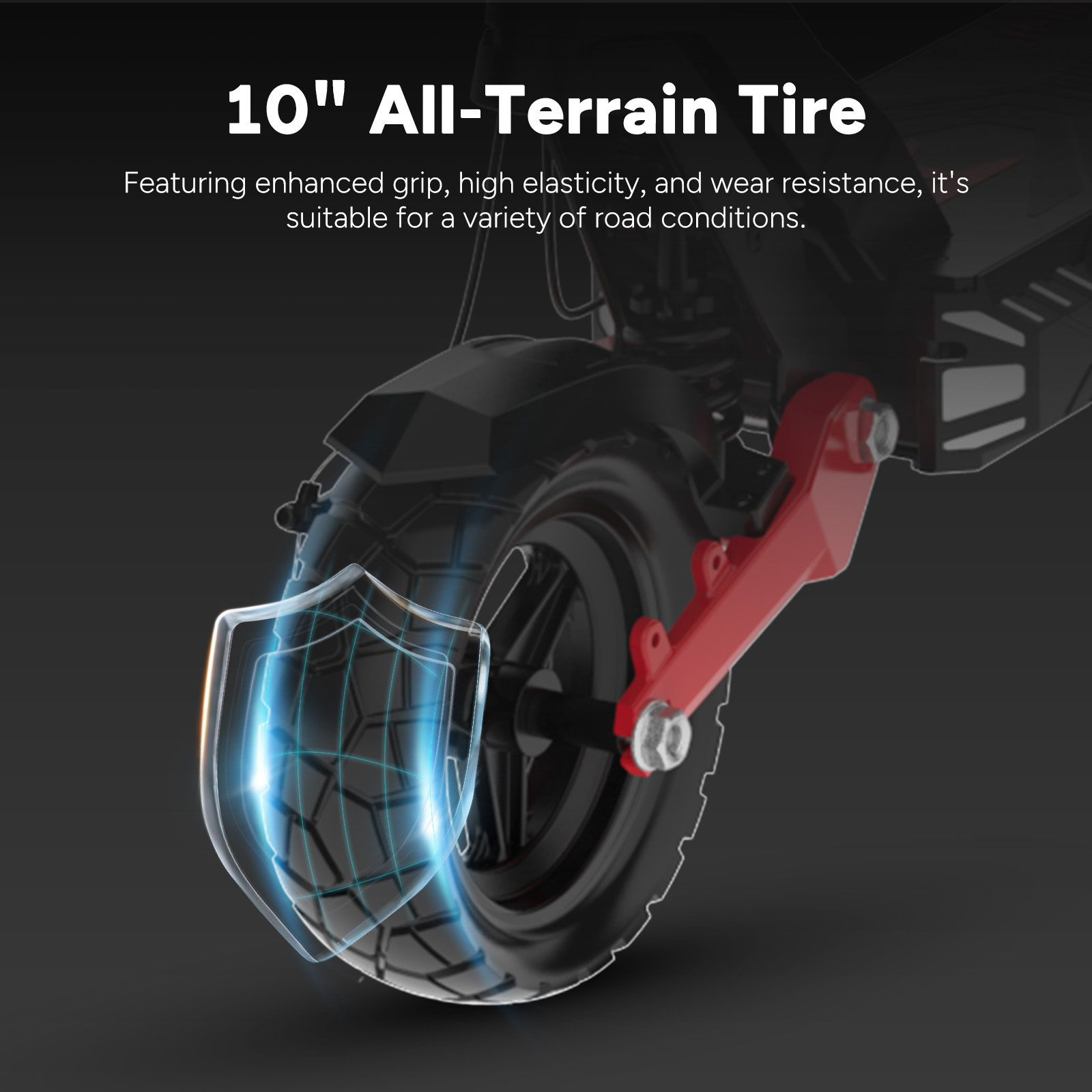 10" all-terrain tire with a shield graphic on a dark background.