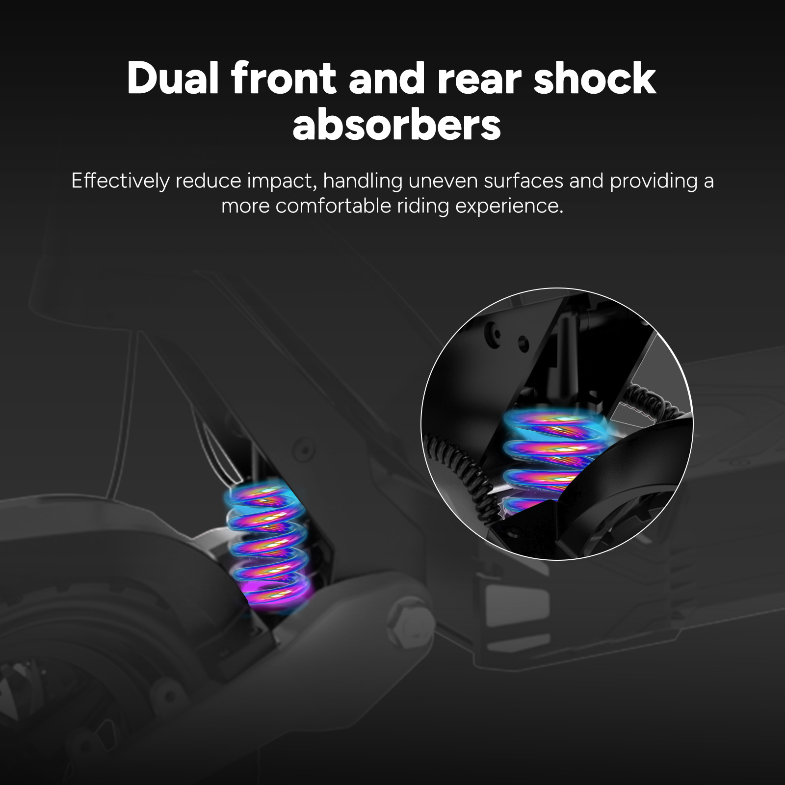 Dual front and rear shock absorbers with colorful springs.