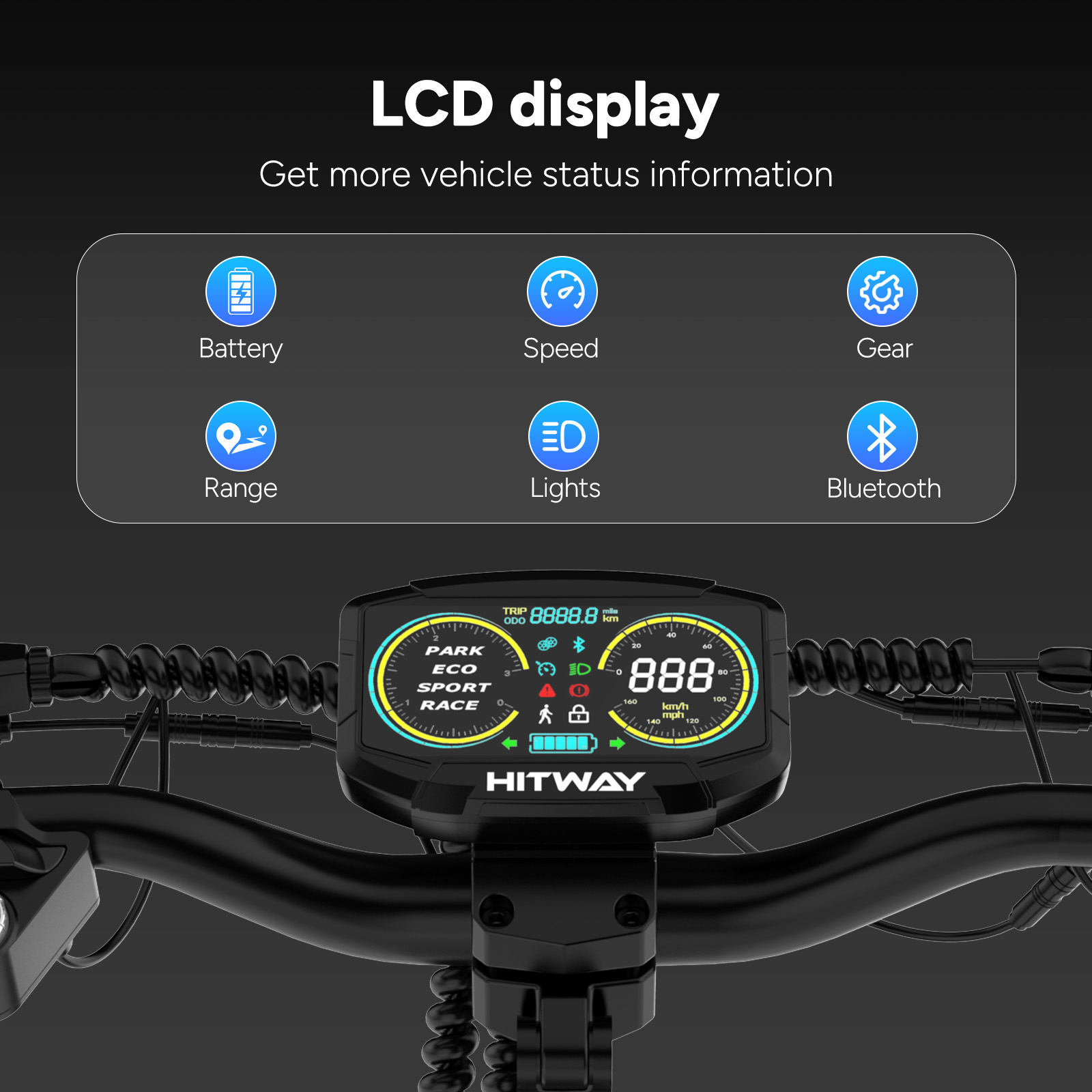 LCD display of an e-scooter showing speed, battery level, and gear status.