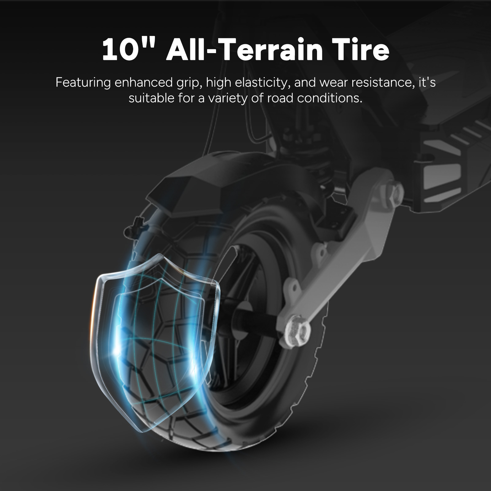 10-inch all-terrain tire with a protective shield graphic.