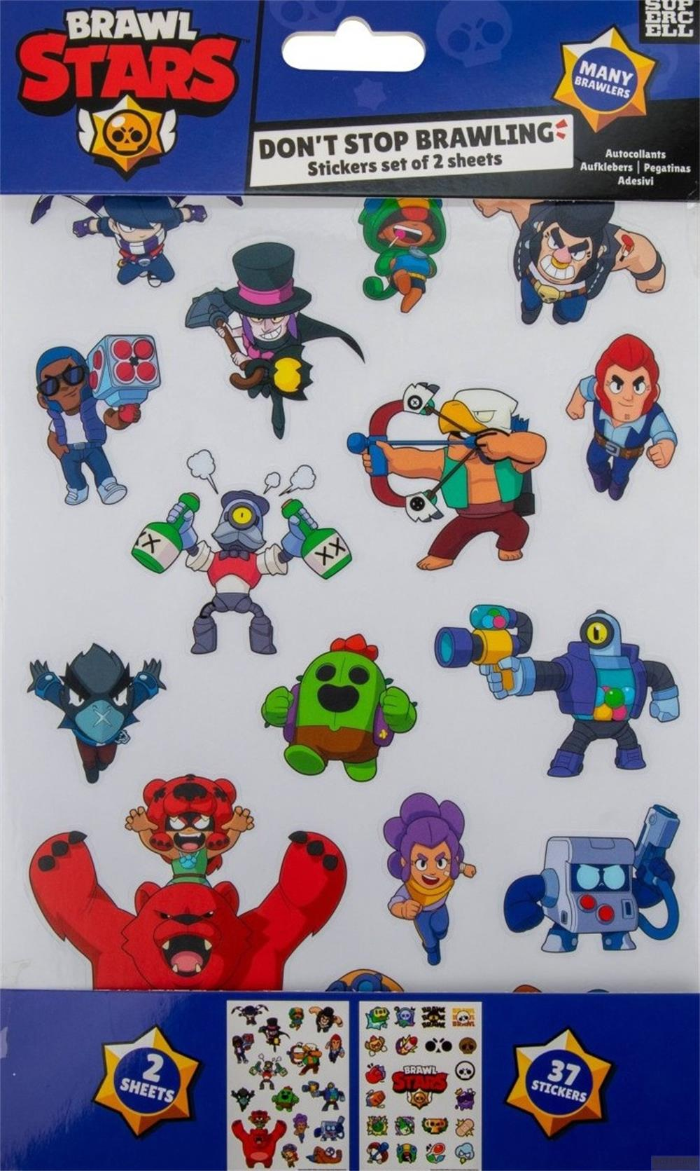 Brawl Stars Stickerbogen mit Charakteren wie Mortis, Colt, Spike und einem Bären.
