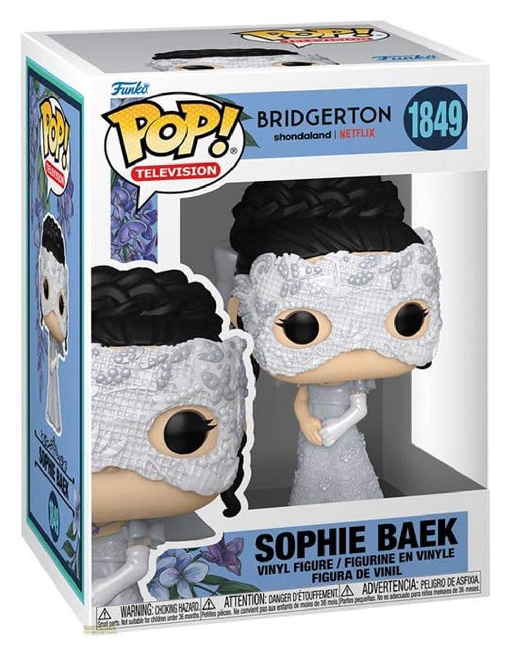 Funko Pop! Bridgerton Sophie Baek Vinylfigur in weißer Kleidung und Maske.