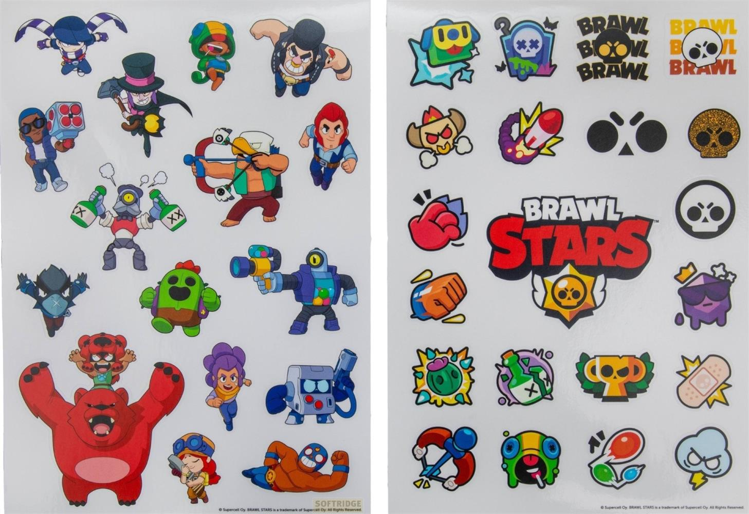 Aufkleber von Brawl Stars Charakteren, einige halten Flaschen, ein Bär, ein Kaktus, ein Roboter.