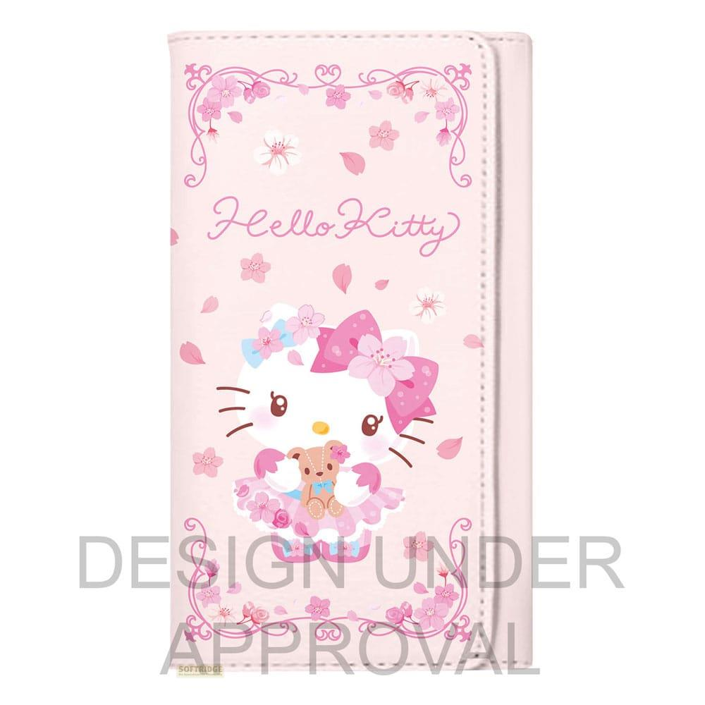 Hello Kitty mit Teddybär in rosa Kleid, umgeben von Kirschblüten.