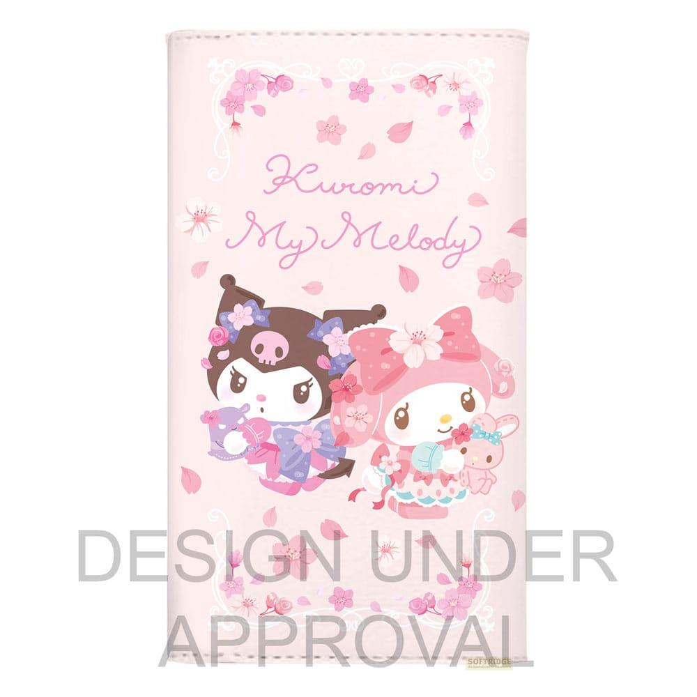 Kuromi und My Melody mit Blumen und einem Hasen auf rosa Hintergrund.