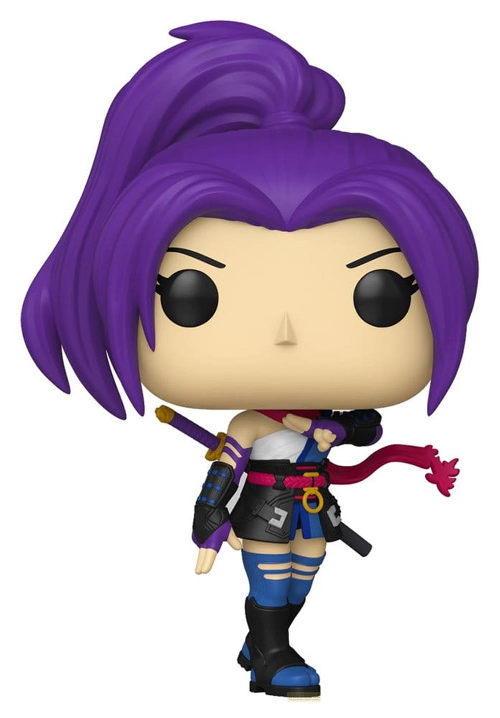 Eine Pop-Figur mit lila Haaren, trägt ein japanisches Outfit mit Schwertern.