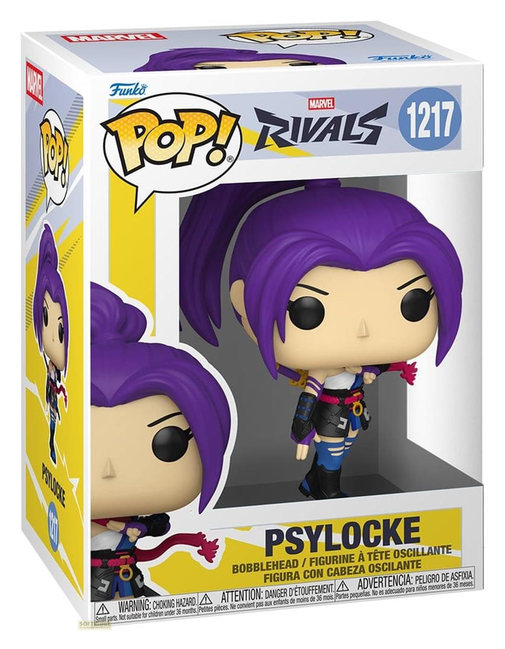 Funko Pop! Figur von Psylocke mit lila Haaren, in Box.