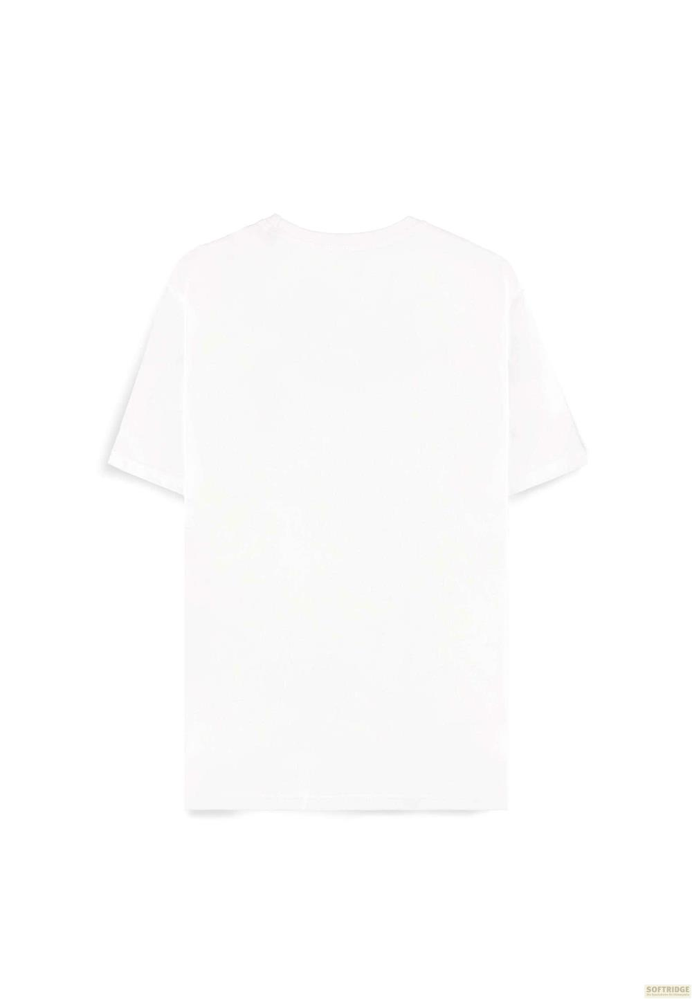 Ein weißes T-Shirt mit kurzen Ärmeln, Rückansicht.