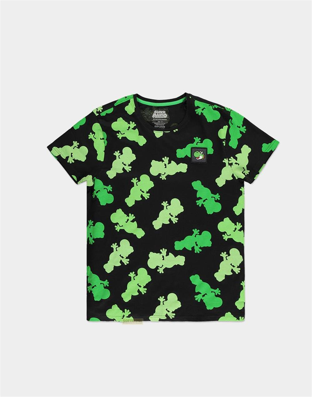 Schwarzes T-Shirt mit grünem Allover-Print von Yoshi aus Super Mario.