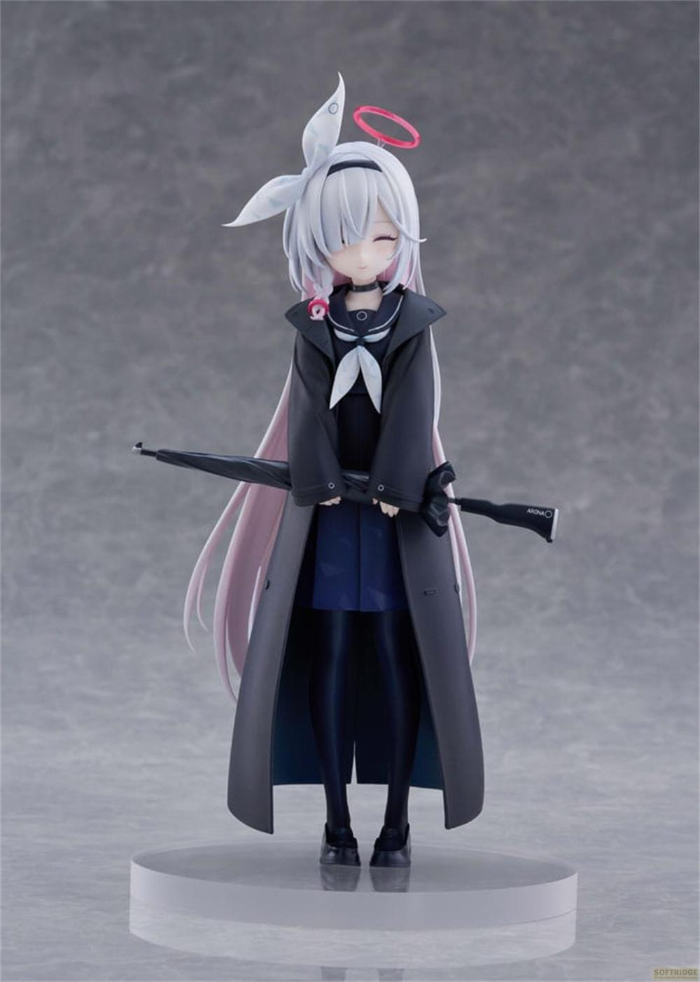 Anime-Figur mit weißen Haaren, rosa Heiligenschein, dunklem Mantel und Schirm.