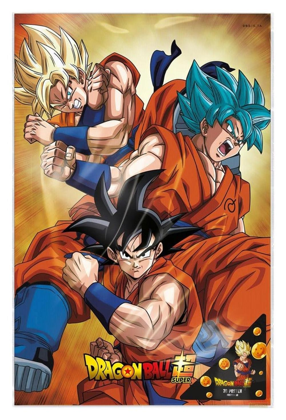Drei Goku-Versionen in orangefarbenen Anzügen mit blauen Ärmeln und blauen Hosen.