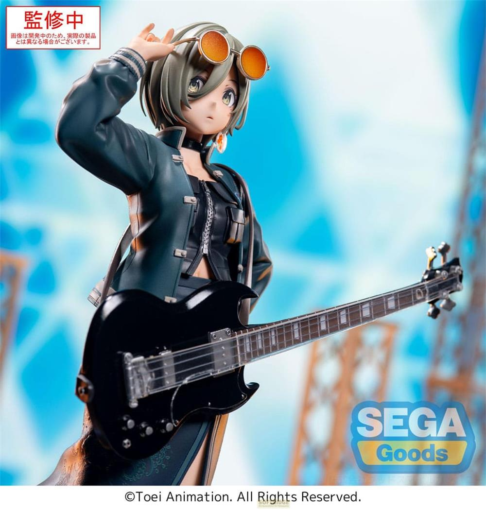 Figur eines Anime-Mädchens mit Gitarre, trägt eine Jacke und Sonnenbrille.