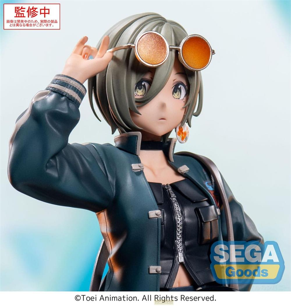 Anime-Figur mit Sonnenbrille, grünem Haar und blaugrüner Jacke.