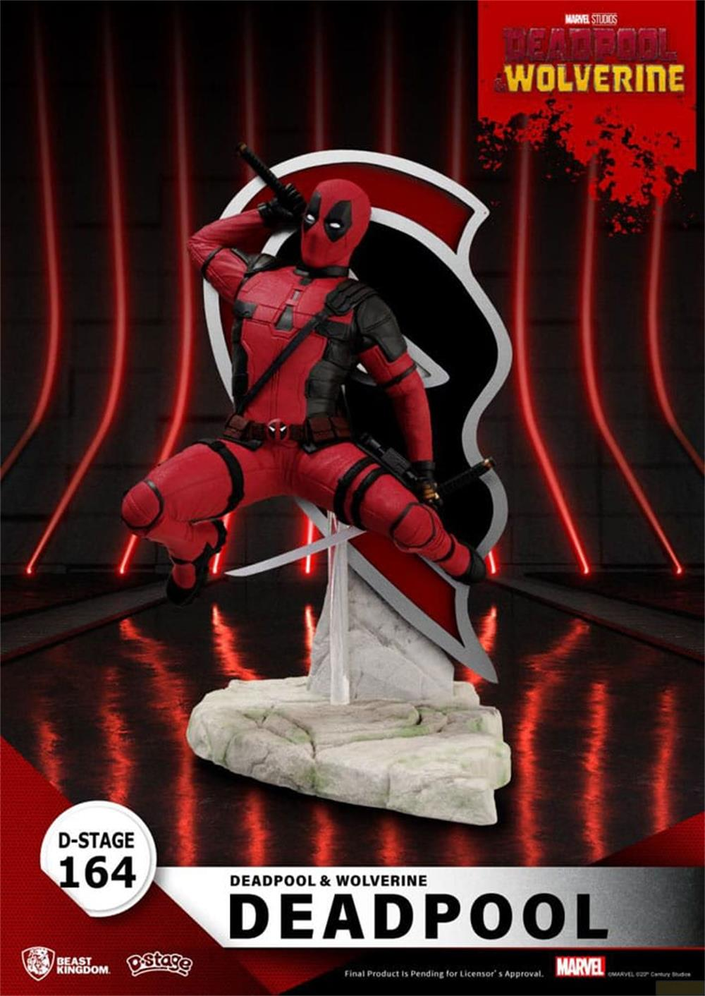 Deadpool-Figur in Pose vor rotem Licht und schwarzem Hintergrund mit Logo.