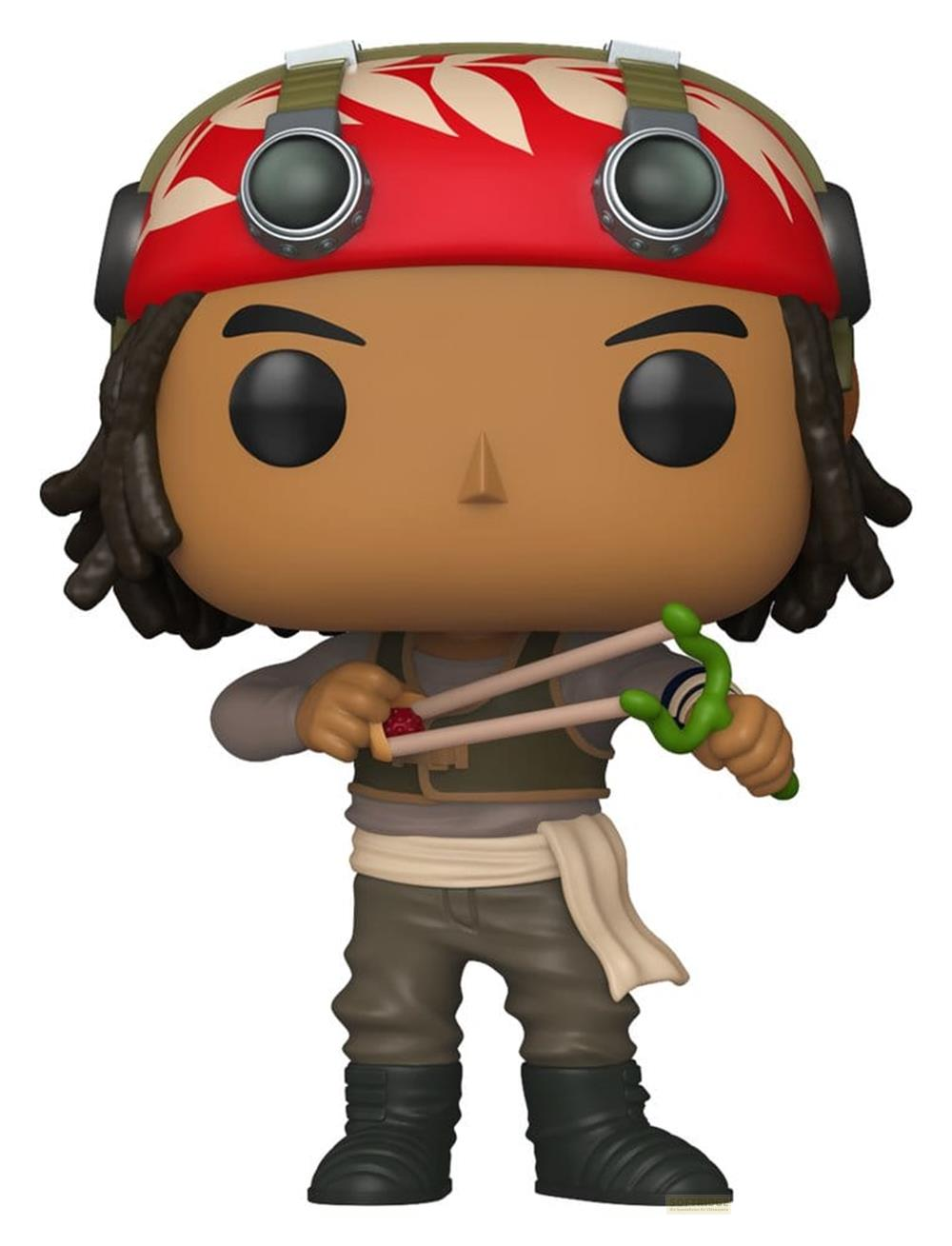 Eine Figur mit Dreadlocks, rotem Stirnband und Schleuder.