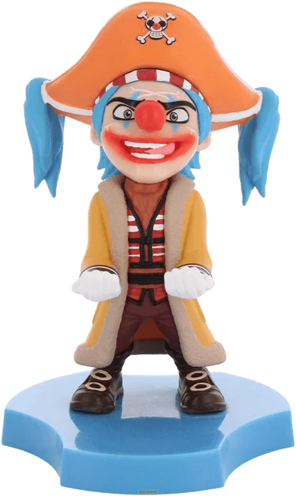 Figur eines Clowns mit blauen Haaren, orangefarbenem Hut, gelber Jacke und roter Nase.