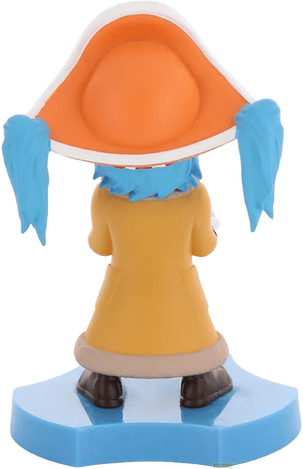 Eine Figur mit gelbem Mantel, blauen Haaren und einem orangen Hut.