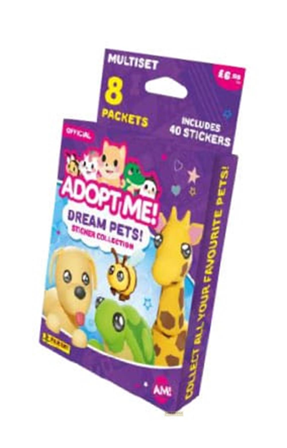 Adopt Me! Sticker-Sammlung mit 8 Päckchen und 40 Stickern, zeigt Hunde, Giraffen.
