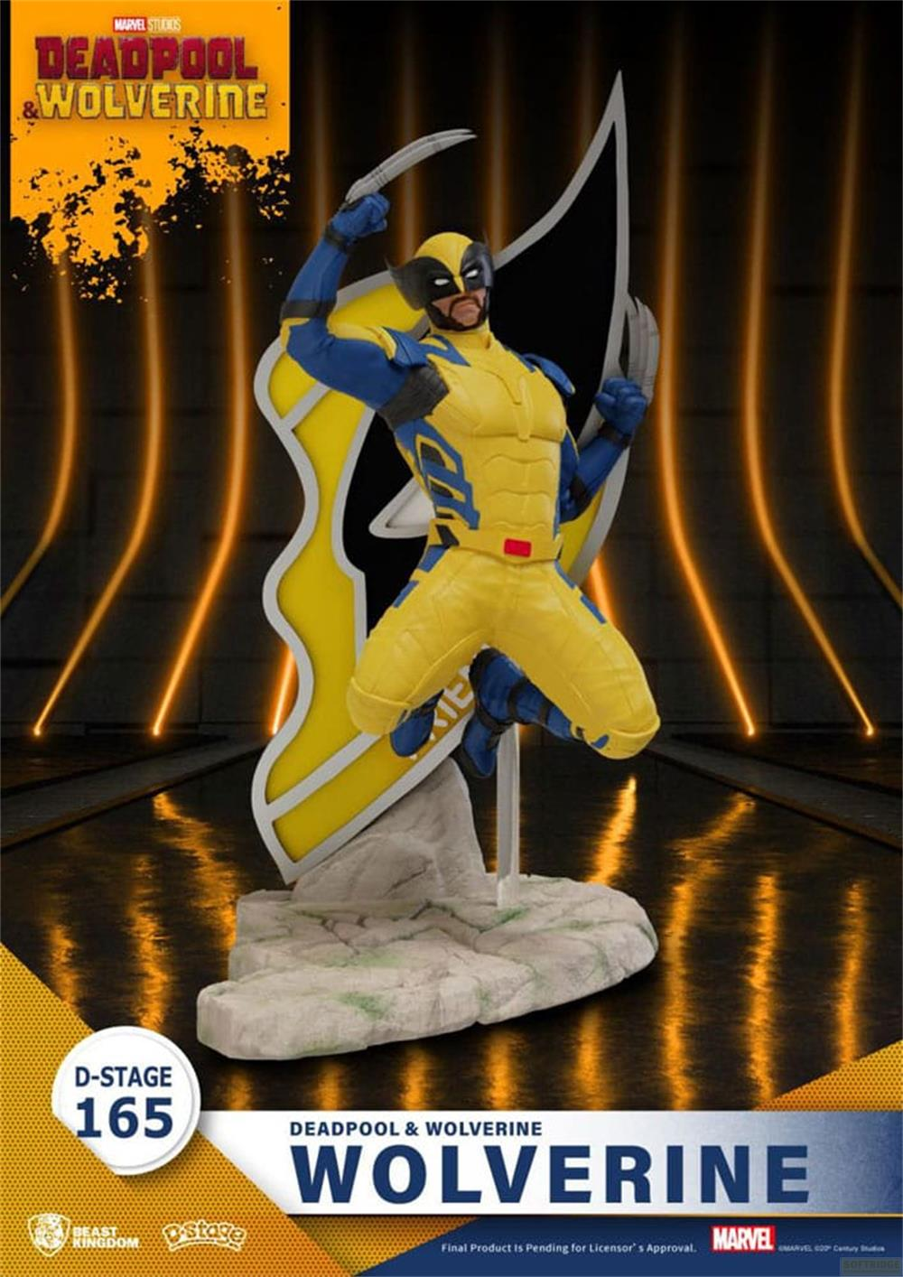 Wolverine-Figur in gelb-blauem Kostüm mit Krallen, auf Felsen stehend.