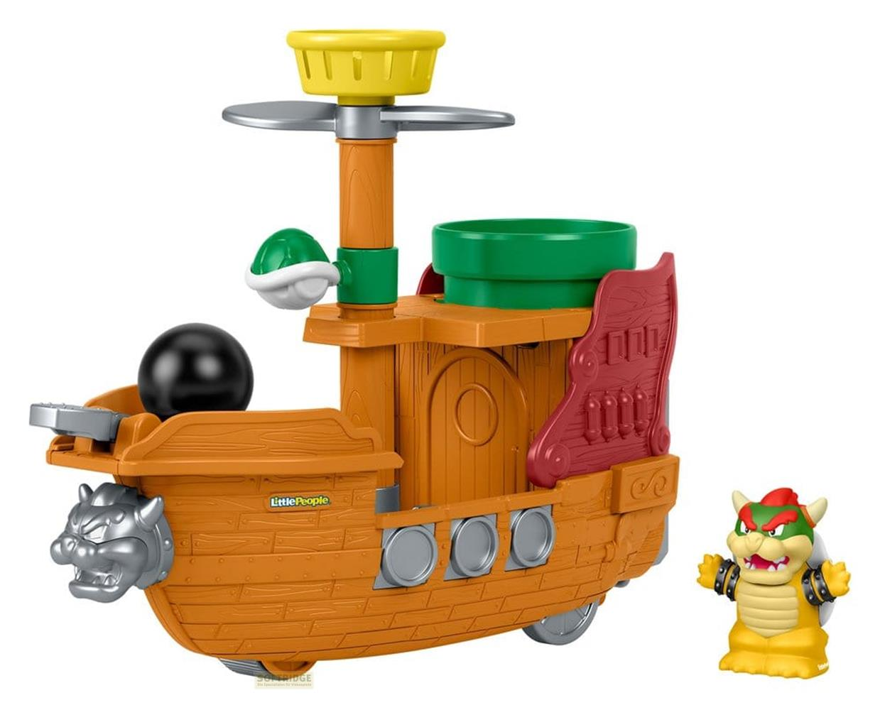Ein orangefarbenes Spielzeugschiff mit Bowser-Figur. Mit Kanonenkugel und Schildkrötenpanzer.