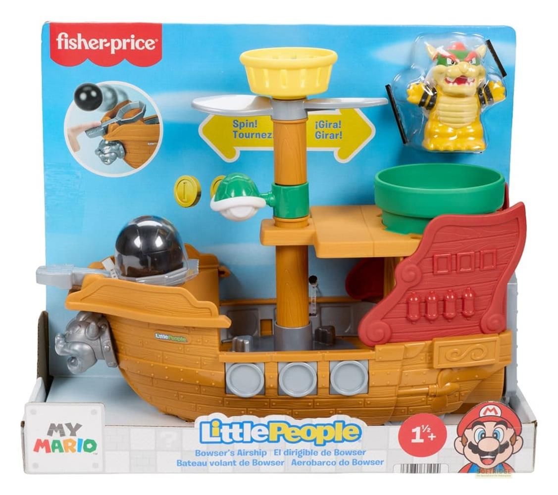 Fisher-Price Little People Mario Spielzeugschiff mit Bowser-Figur und drehbarem Mast.
