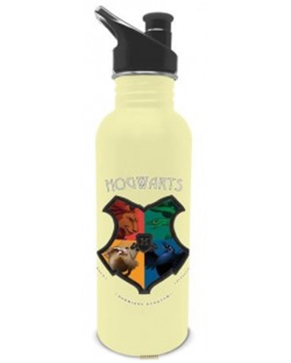 Helles gelbes Wasserflaschen-Design mit Hogwarts-Wappen und schwarzem Deckel.