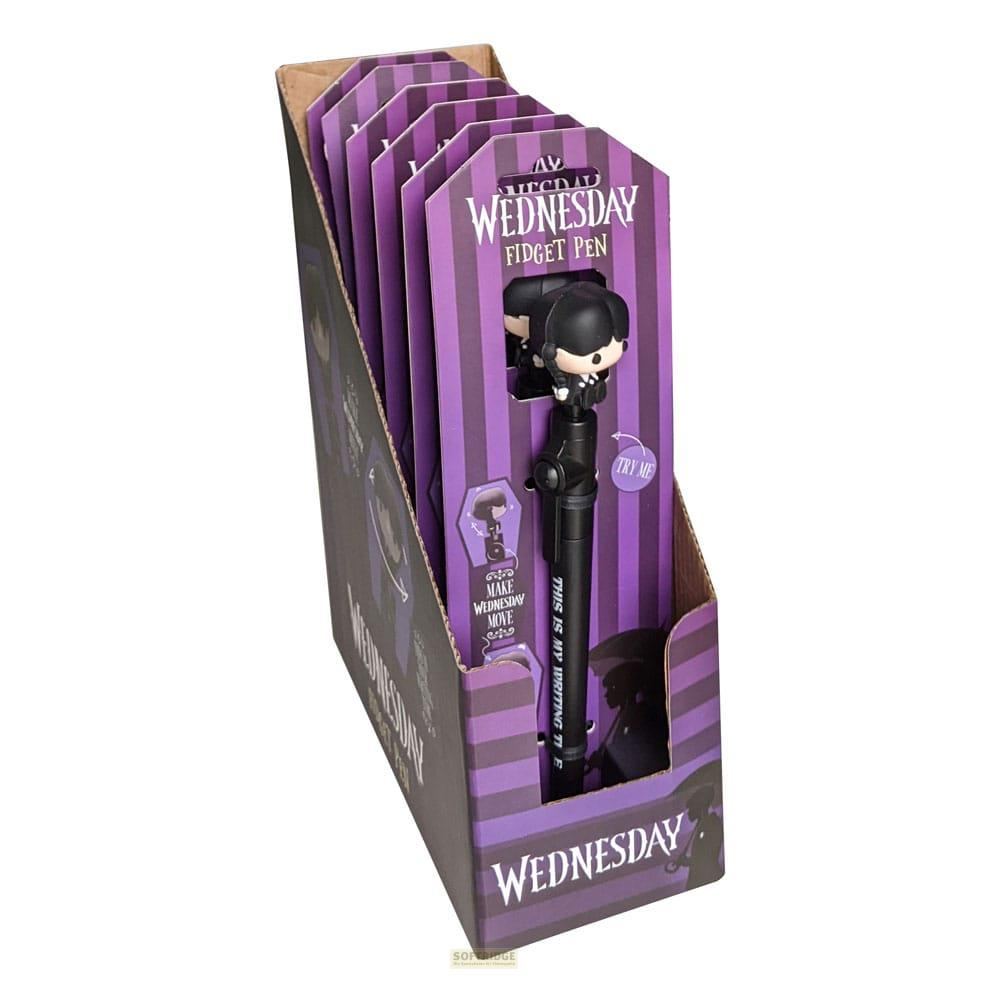 Mittwoch-Fidget-Stift mit Figur in Lila-Verpackung.