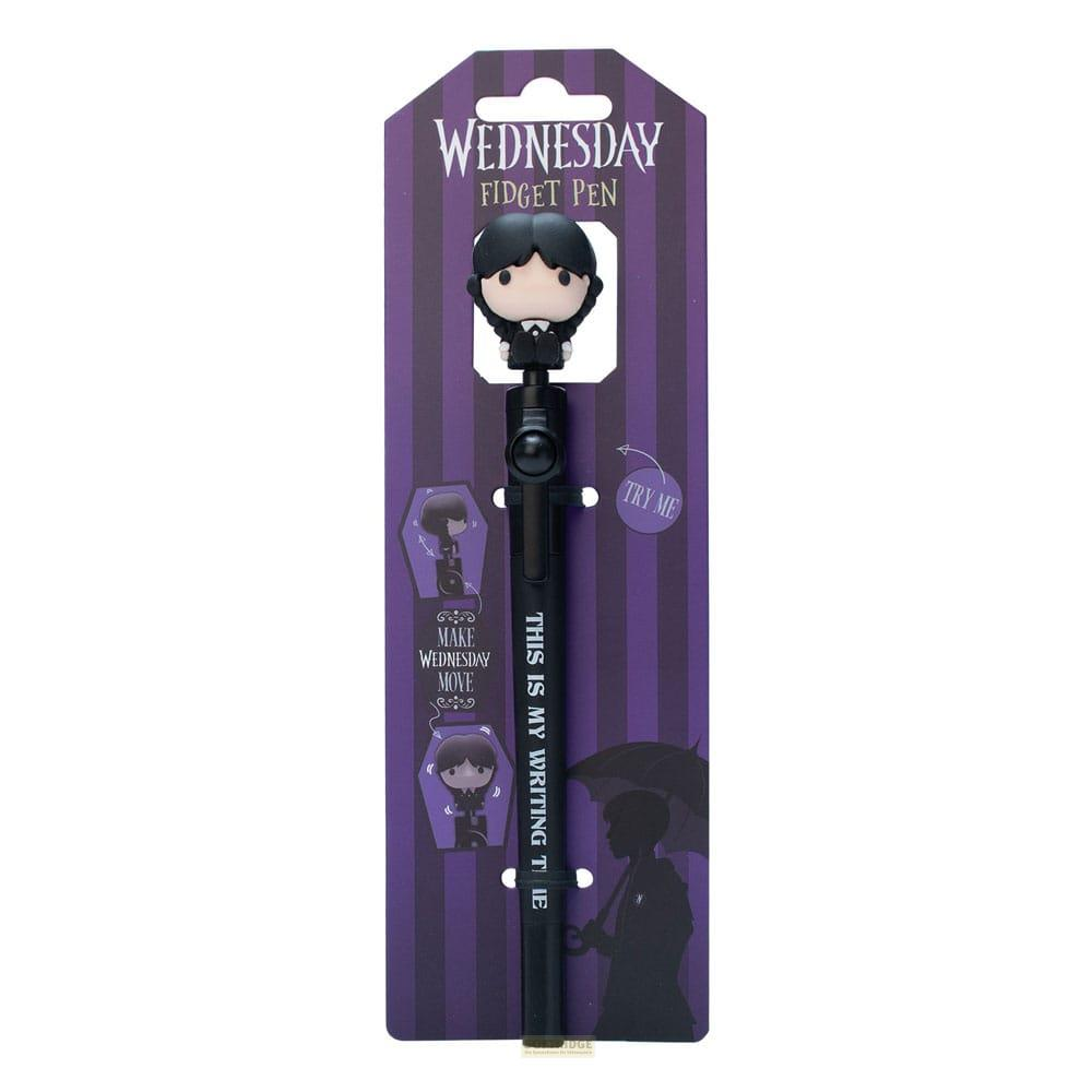 Mittwoch-Fidget-Stift mit Figur, Totenkopf-Design und Regenschirm-Silhouette.