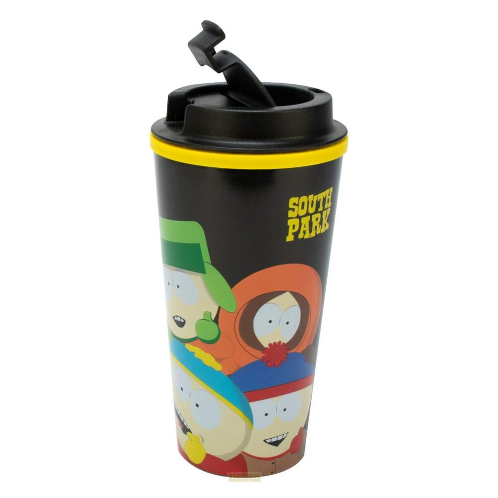 Schwarzer Becher mit South Park-Motiv und aufklappbarem Deckel.