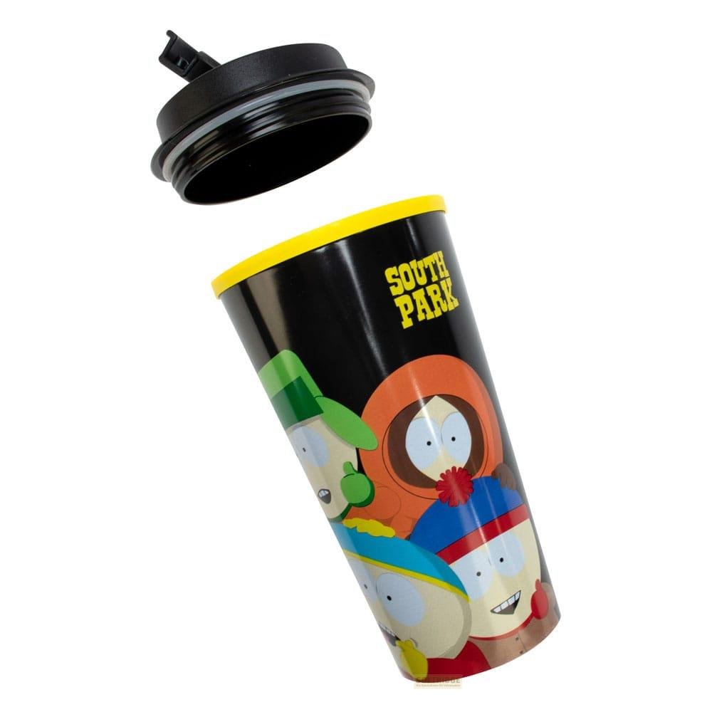 Schwarzer Becher mit South Park-Motiv und abnehmbarem Deckel.