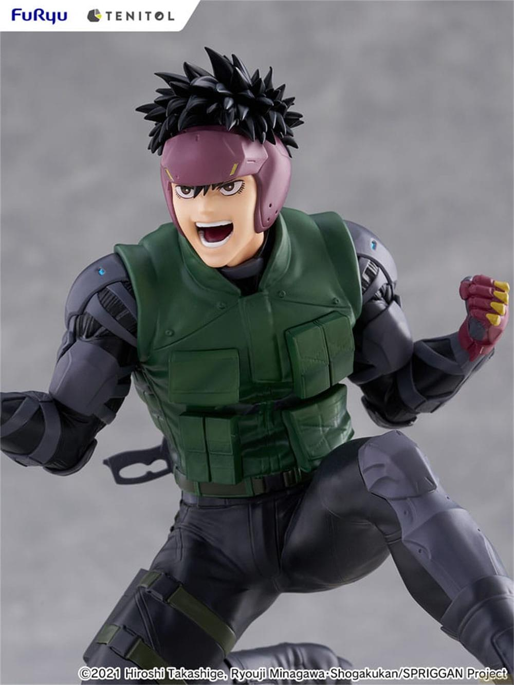 Eine Actionfigur eines Mannes in grüner Weste und violettem Helm mit schwarzen Haaren.