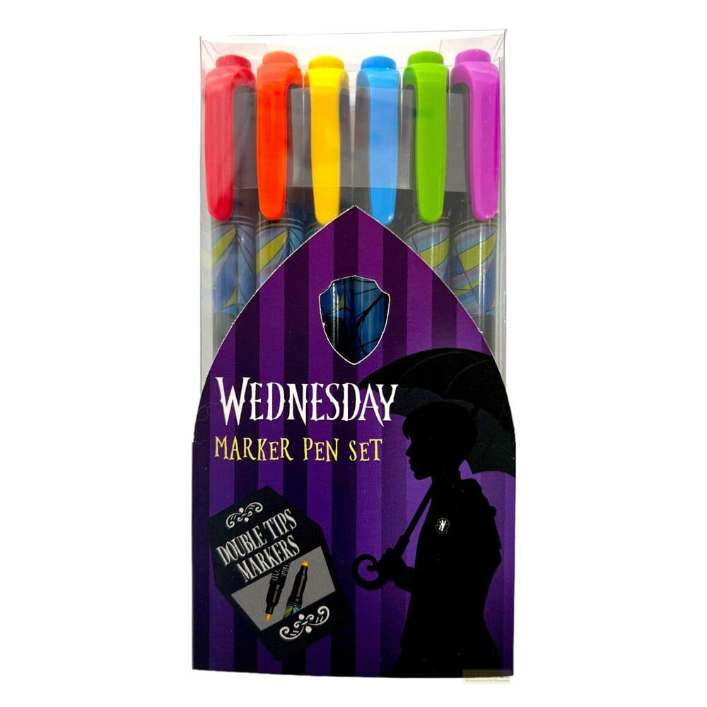 Set mit sechs farbigen Stiften der Marke Wednesday mit doppeltem Spitzen-Design.