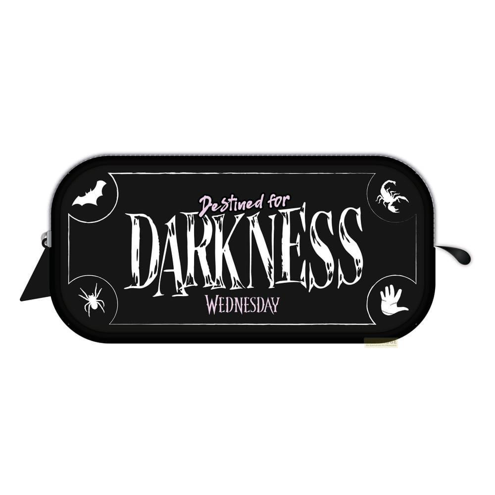 Schwarzer Beutel mit "Destined for DARKNESS WEDNESDAY" und Spinnenmotiven.