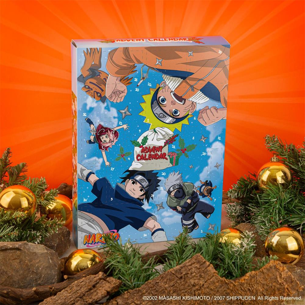 Naruto-Adventskalender mit Charakteren und Weihnachtsschmuck.