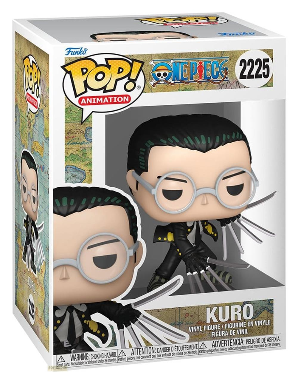 Figura Funko Pop! de Kuro de One Piece, con gafas y afiladas garras.