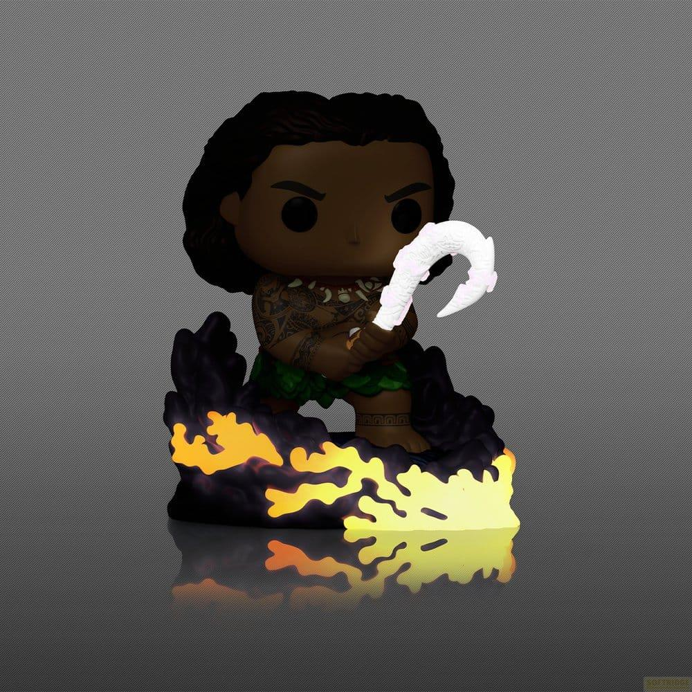 Figura Funko Pop de Maui con gancho sobre base de lava.
