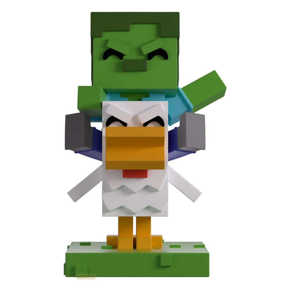 Ein Minecraft-Zombie steht auf einem weißen Huhn auf einer grünen Basis.
