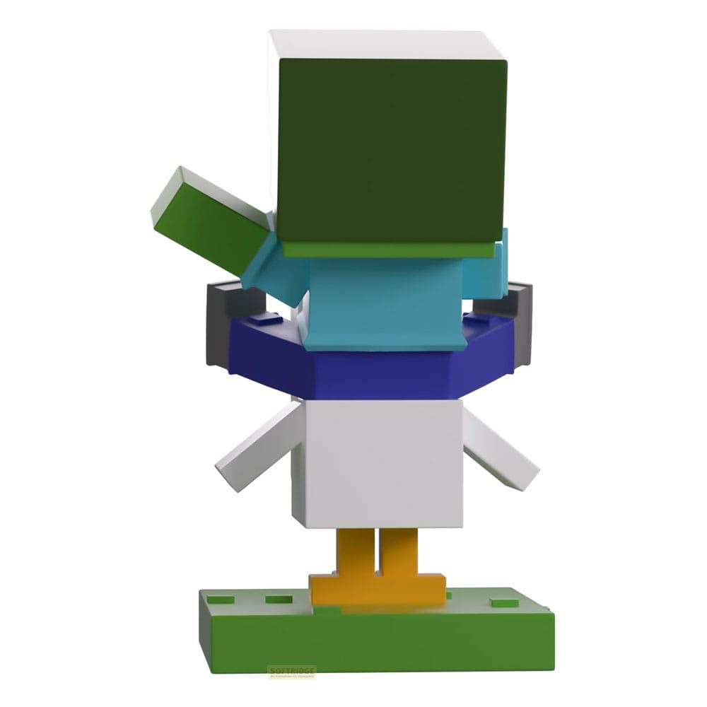 Eine blockige Figur mit grünem Kopf, blauem Körper, weißem Torso und orangen Füßen.