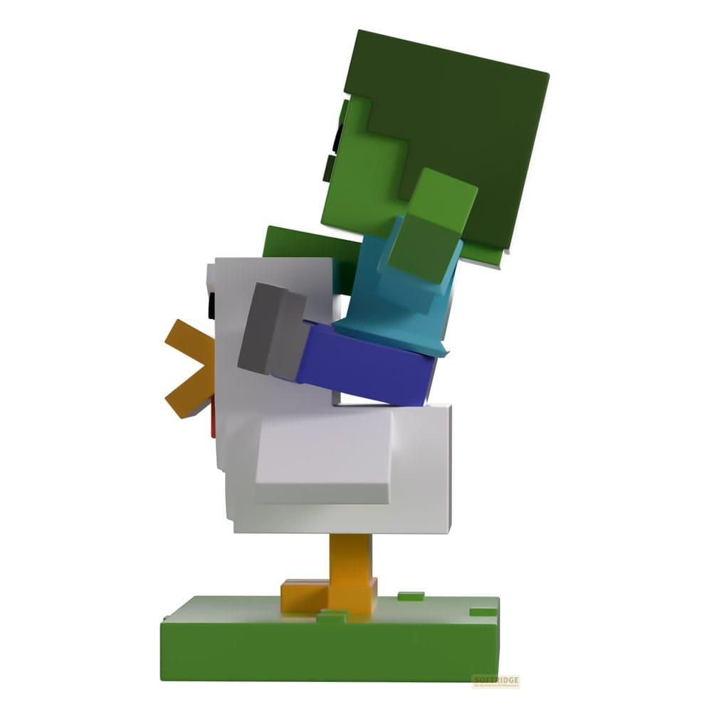Ein Minecraft-Zombie auf einem Huhn, aus Blöcken gebaut, auf grünem Sockel.