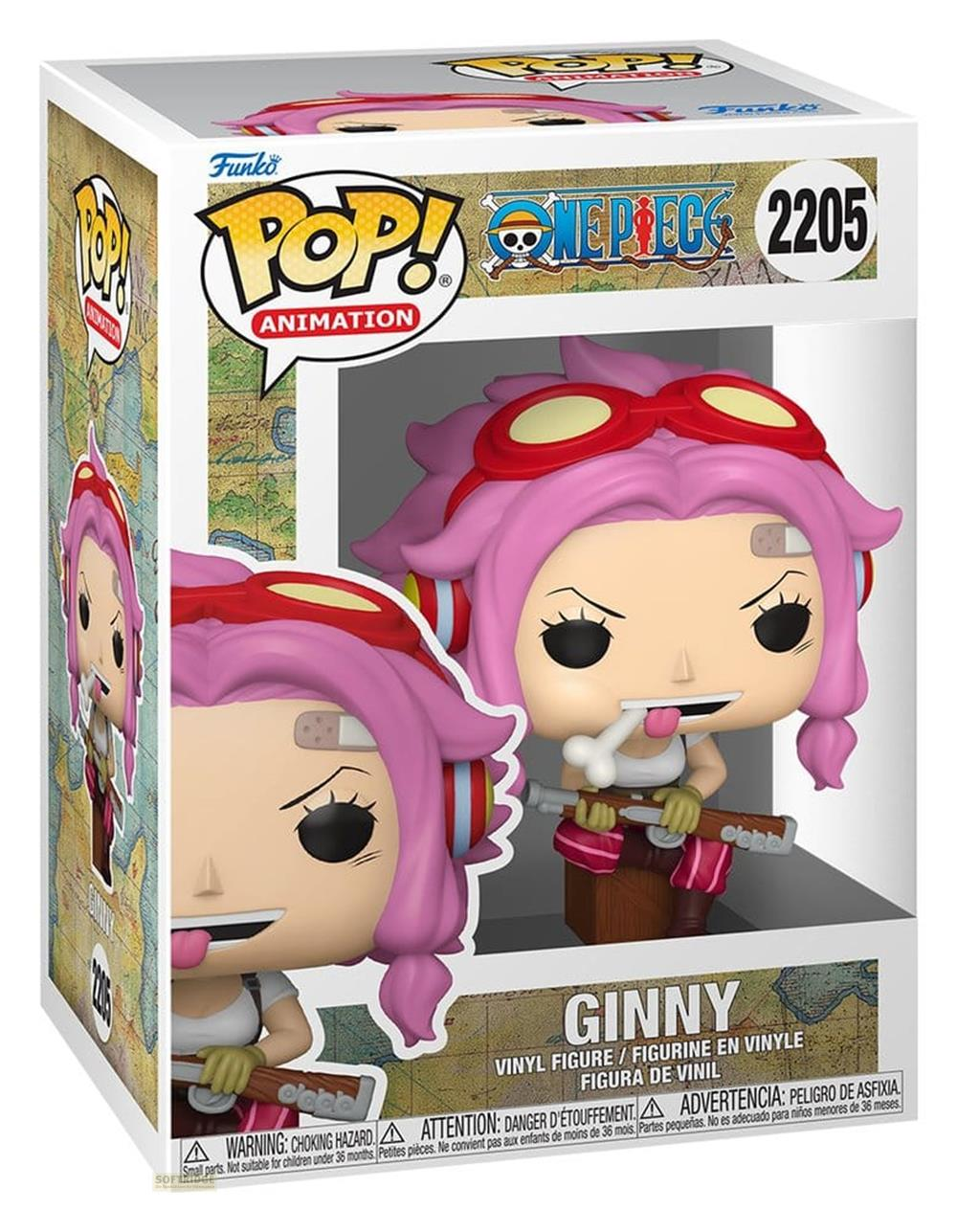 Funko Pop Ginny Figur mit rosa Haaren und roten Schutzbrillen, hält einen Knochen.