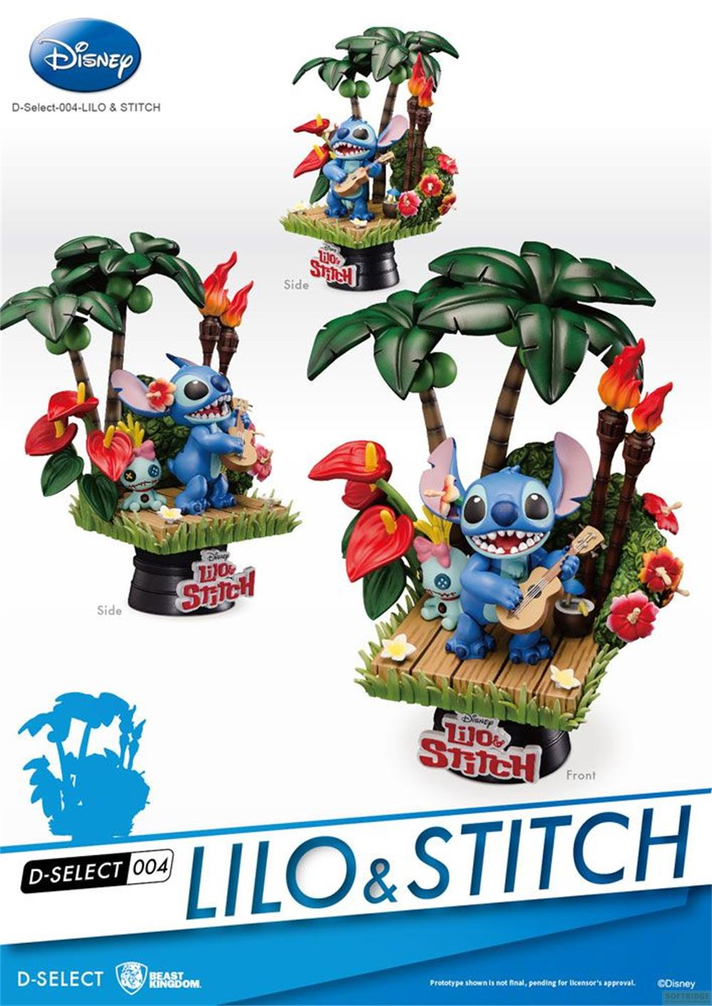 Stitch mit Ukulele und Scrump unter Palmen, mit Fackeln und Blumen.