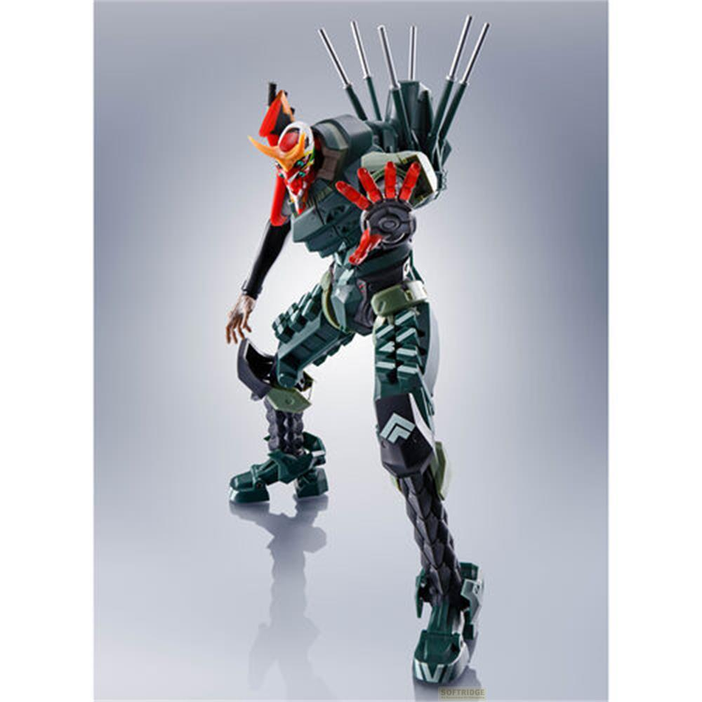 Robot verde scuro con accenti rossi e lance sulla schiena.
